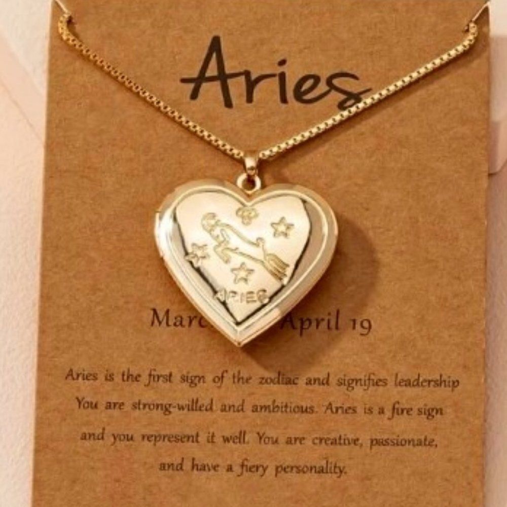 ARIES GOLD ZODIAC HEART LOCKET NECKLACE